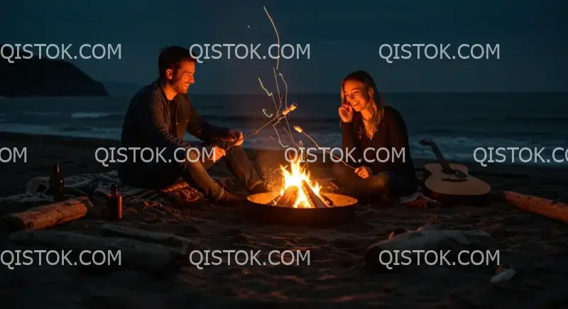 Casal ao redor de uma fogueira na praia