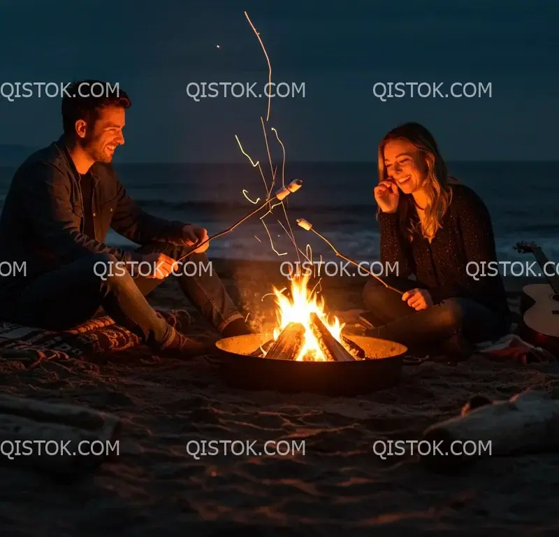 Casal ao redor de uma fogueira na praia