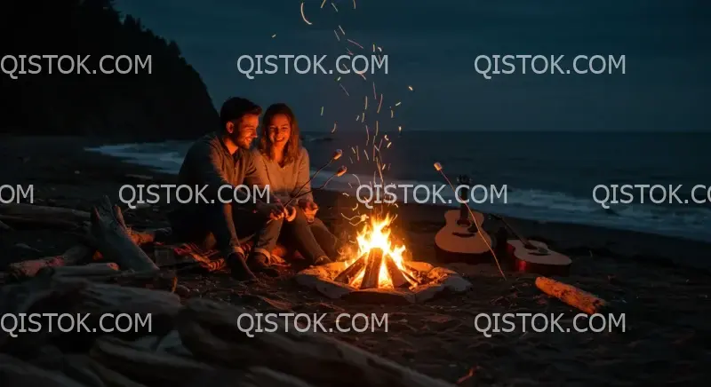 Casal ao redor de uma fogueira na praia 02