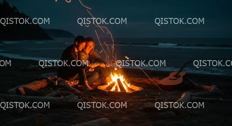 Casal ao redor de uma fogueira na praia 03