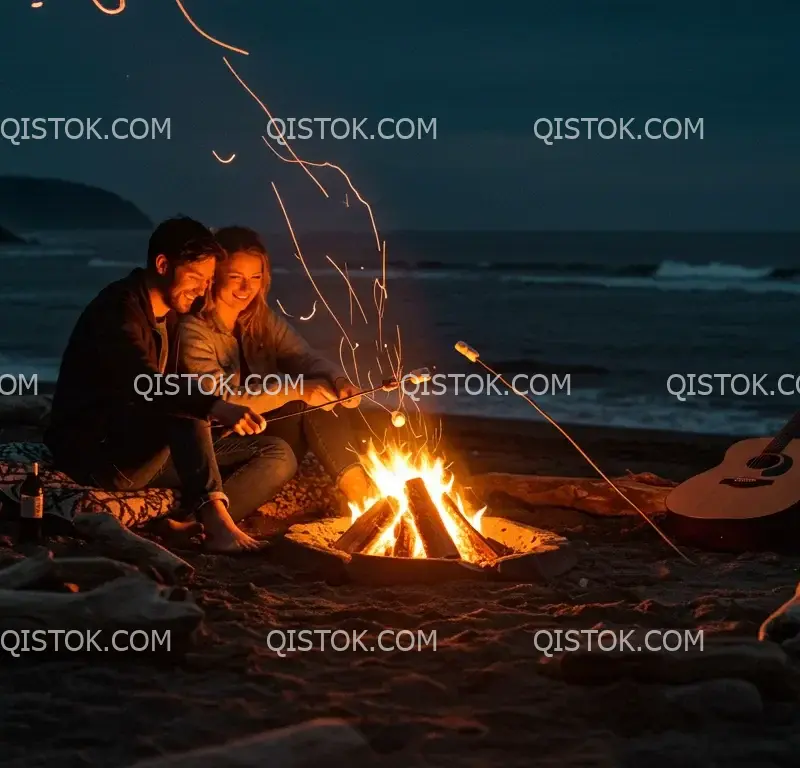 Casal ao redor de uma fogueira na praia 03