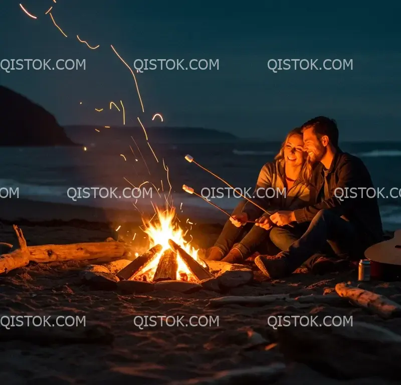 Casal ao redor de uma fogueira na praia 04