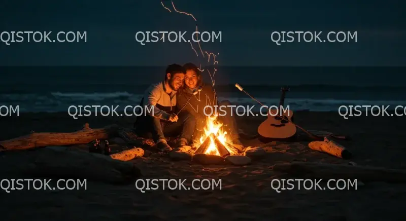 Casal ao redor de uma fogueira na praia 04