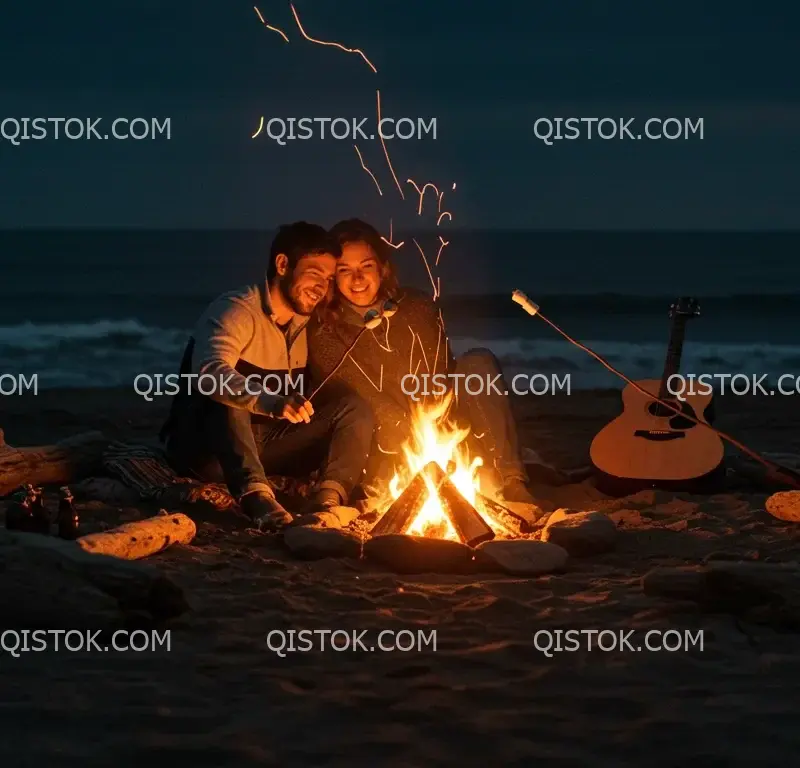 Casal ao redor de uma fogueira na praia 04