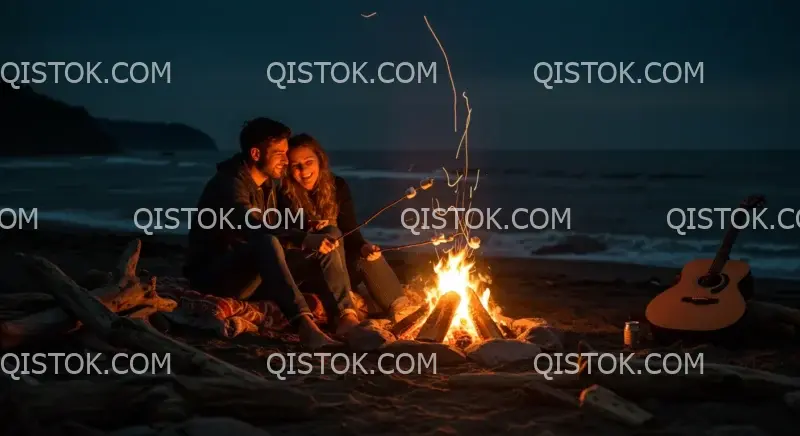 Casal ao redor de uma fogueira na praia 06