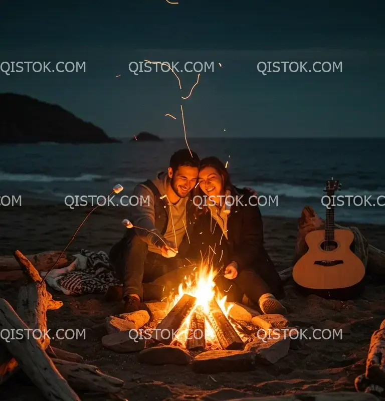 casal ao redor de uma fogueira na praia retrato 01