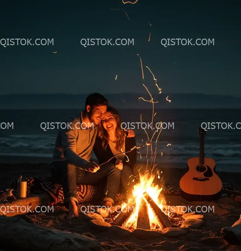 Casal ao redor de fogueira na praia retrato 02