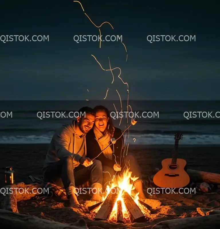 Casal ao redor de fogueira na praia retrato 03