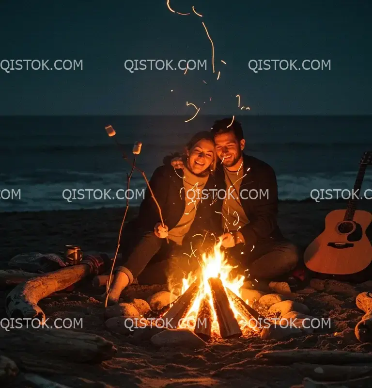 Casal ao redor de fogueira na praia retrato 06