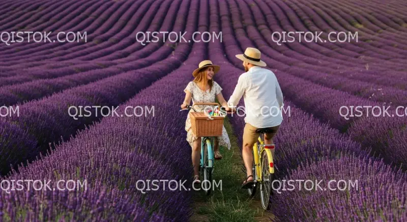 Casal de bicicleta em plantação de alecrim 01