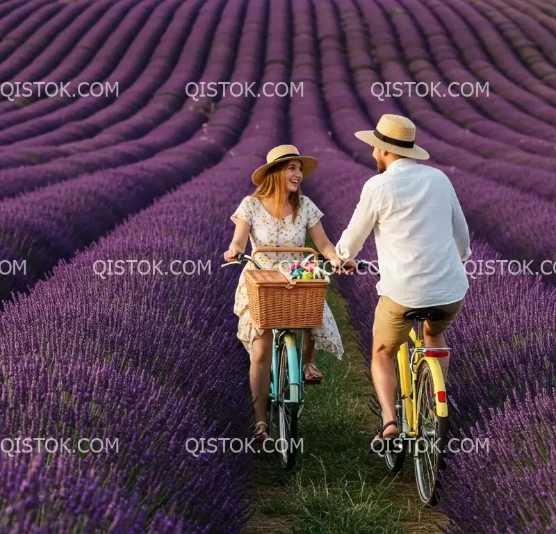 Casal de bicicleta em plantação de alecrim 01