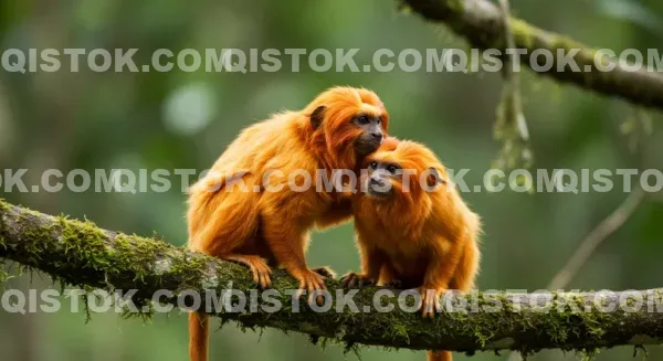 Foto Rara De Um Casal De Mico-leão-dourado (Leontopithecus Rosalia).